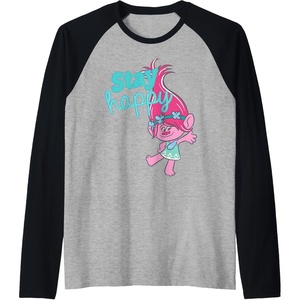 image:imageTrolls  Poppy Stay Happy Raglan Baseball TeeBlackAthletic Heather
