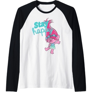 image:imageTrolls  Poppy Stay Happy Raglan Baseball TeeBlackWhite