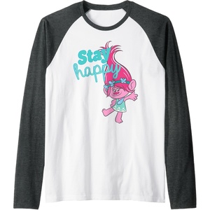 image:imageTrolls  Poppy Stay Happy Raglan Baseball TeeDark Heather GreyWhite