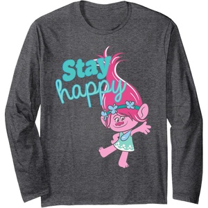 image:imageTrolls  Poppy Stay Happy Long Sleeve TShirtDark Heather Grey