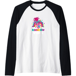 image:imageTrolls  Rainbow Vibes Raglan Baseball TeeBlackWhite