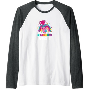 image:imageTrolls  Rainbow Vibes Raglan Baseball TeeDark Heather GreyWhite