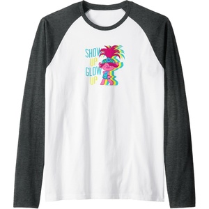 image:imageTrolls  Show Up Glow Up Raglan Baseball TeeDark Heather GreyWhite