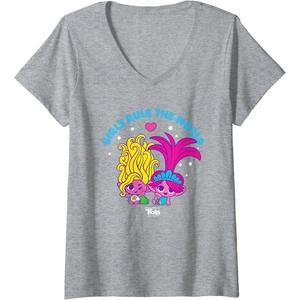 image:imageWomens DreamWorks Trolls Band Together Girls Rule the World VNeck TShirtHeather Grey