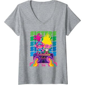 image:imageWomens DreamWorks Trolls Band Together Poppy and Viva Sisters VNeck TShirtHeather Grey