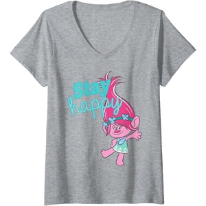 image:imageWomens Trolls  Poppy Stay Happy VNeck TShirtHeather Grey