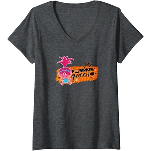 image:imageWomens Trolls Pumpkin Queen VNeck TShirtDark Heather Grey