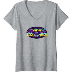 image:imageWomens Trolls World Tour  Happy Rock O Ween VNeck TShirtHeather Grey